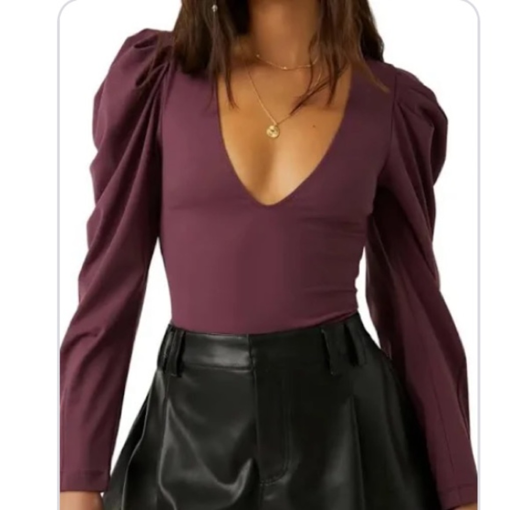FREE PEOPLE VA VA VOOP PUFF SLEEVE  BODY SUIT LARGE WINE - Picture 5 of 7